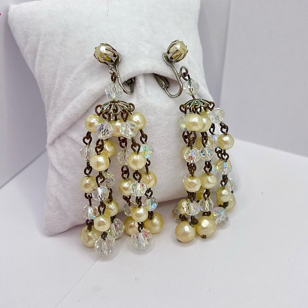 Vintage Laguna Clip-On Earrings | Faux Pearl & Crystal Chandelier | Glamorous